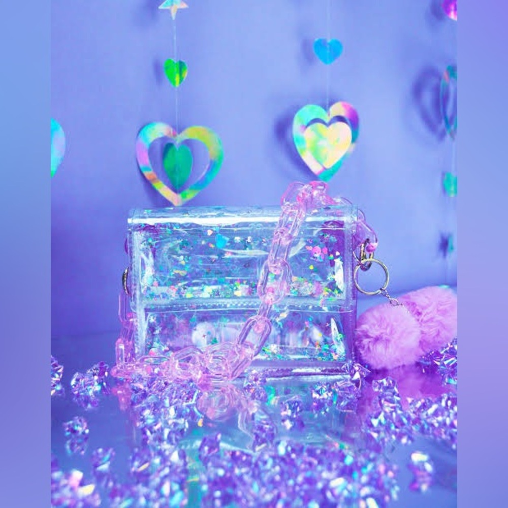 Electric Bubblegum Holographic Liquid Glitter Clear Purse with Pink Chain
